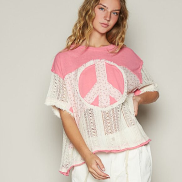 POL TOP PEACE PATCHWORK W/CROCHET CANDY PINK - Picture 2 of 10
